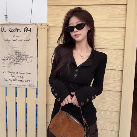 FA49000# 面料韩系设计感正肩长袖T恤女秋冬内搭显瘦小众打底 服裝批發女裝批發服飾貨源