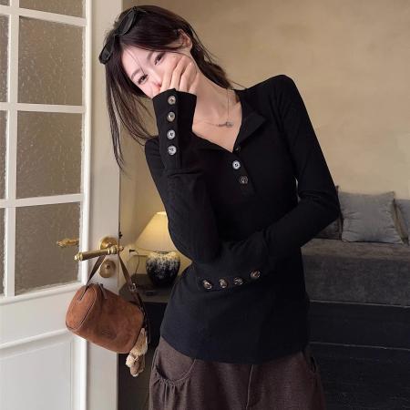 FA49000# 面料韩系设计感正肩长袖T恤女秋冬内搭显瘦小众打底 服裝批發女裝批發服飾貨源