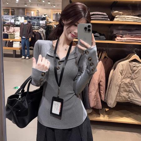FA49000# 面料韩系设计感正肩长袖T恤女秋冬内搭显瘦小众打底 服裝批發女裝批發服飾貨源