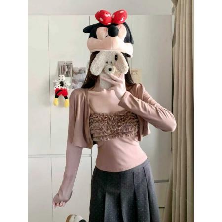 FA49001# 两件套装纯欲风辣妹木耳边吊带吊带背心+短款磨毛开衫外套 服裝批發女裝批發服飾貨源