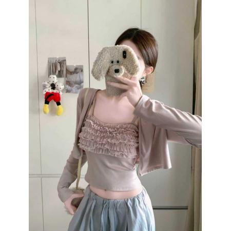 FA49001# 两件套装纯欲风辣妹木耳边吊带吊带背心+短款磨毛开衫外套 服裝批發女裝批發服飾貨源