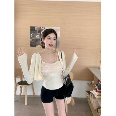 FA49001# 两件套装纯欲风辣妹木耳边吊带吊带背心+短款磨毛开衫外套 服裝批發女裝批發服飾貨源