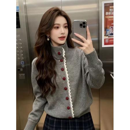 FA49005# 法式翻领蕾丝拼接毛衣女秋冬新款慵懒宽松显瘦百搭外穿针织上衣潮 服裝批發女裝批發服飾貨源