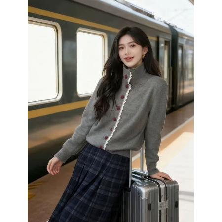 FA49005# 法式翻领蕾丝拼接毛衣女秋冬新款慵懒宽松显瘦百搭外穿针织上衣潮 服裝批發女裝批發服飾貨源