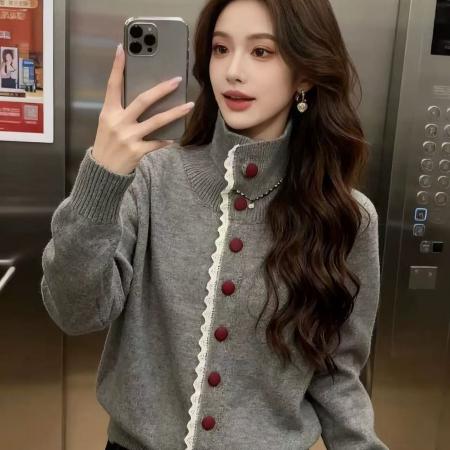 FA49005# 法式翻领蕾丝拼接毛衣女秋冬新款慵懒宽松显瘦百搭外穿针织上衣潮 服裝批發女裝批發服飾貨源