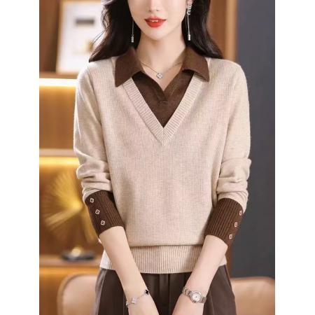 FA49006# 假两件羊毛衫女秋冬洋气拼色毛衣打底套头羊绒上衣 服裝批發女裝批發服飾貨源