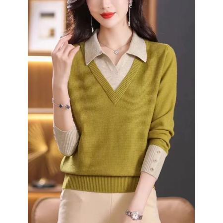 FA49006# 假两件羊毛衫女秋冬洋气拼色毛衣打底套头羊绒上衣 服裝批發女裝批發服飾貨源