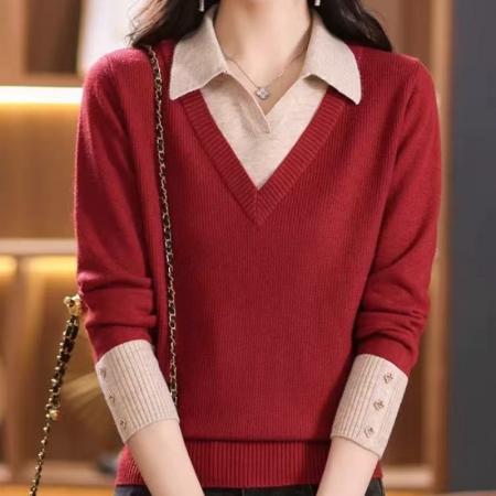 FA49006# 假两件羊毛衫女秋冬洋气拼色毛衣打底套头羊绒上衣 服裝批發女裝批發服飾貨源