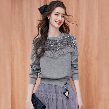 FA49007# 拼接亮片装饰卫衣秋季时尚休闲气质圆领底摆开叉长袖卫衣 服裝批發女裝批發服飾貨源