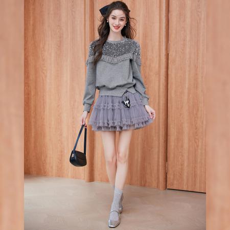 FA49007# 拼接亮片装饰卫衣秋季时尚休闲气质圆领底摆开叉长袖卫衣 服裝批發女裝批發服飾貨源