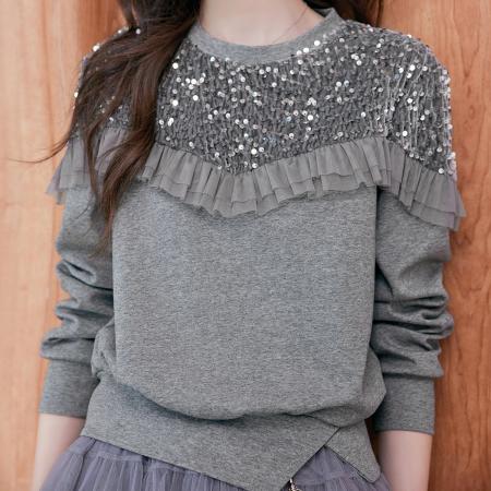 FA49007# 拼接亮片装饰卫衣秋季时尚休闲气质圆领底摆开叉长袖卫衣 服裝批發女裝批發服飾貨源