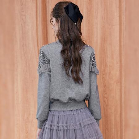 FA49007# 拼接亮片装饰卫衣秋季时尚休闲气质圆领底摆开叉长袖卫衣 服裝批發女裝批發服飾貨源