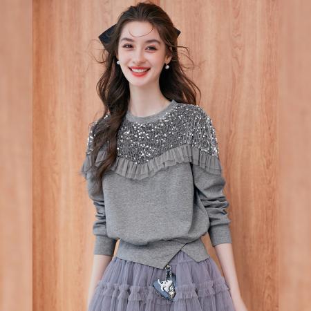 FA49007# 拼接亮片装饰卫衣秋季时尚休闲气质圆领底摆开叉长袖卫衣 服裝批發女裝批發服飾貨源