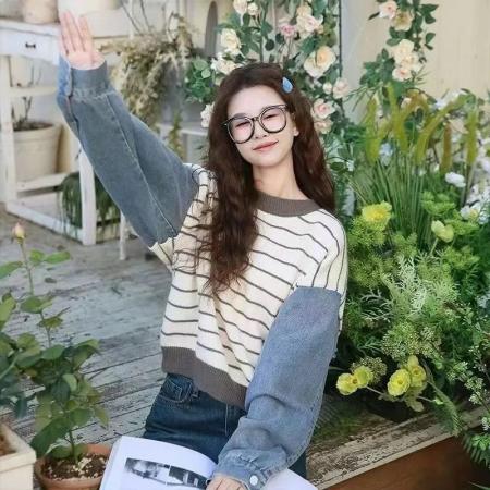 FA49008# 春秋爆款假两件毛衣条纹衫牛仔拼接宽松休闲针织上衣女小个子卫衣 服裝批發女裝批發服飾貨源