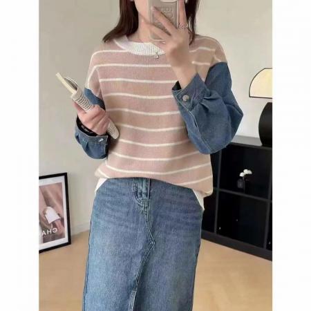 FA49008# 春秋爆款假两件毛衣条纹衫牛仔拼接宽松休闲针织上衣女小个子卫衣 服裝批發女裝批發服飾貨源