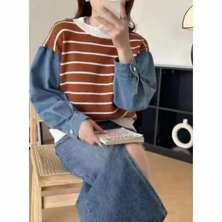 FA49008# 春秋爆款假两件毛衣条纹衫牛仔拼接宽松休闲针织上衣女小个子卫衣 服裝批發女裝批發服飾貨源