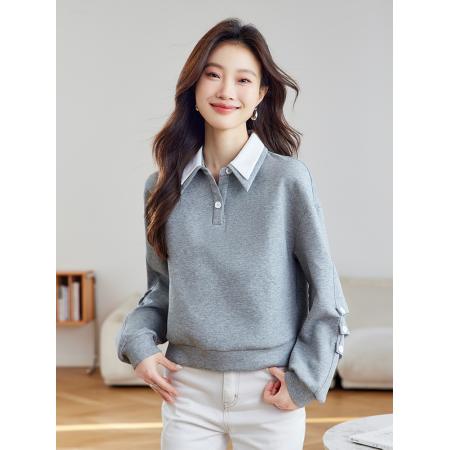 FA49009# 假两件灰色卫衣女秋季新款拼接领学院风宽松长袖上衣 服裝批發女裝批發服飾貨源