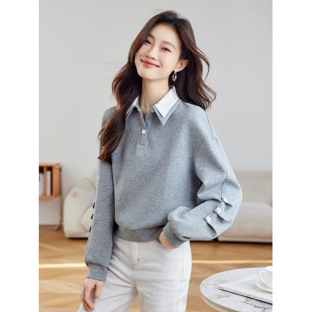 FA49009# 假两件灰色卫衣女秋季新款拼接领学院风宽松长袖上衣 服裝批發女裝批發服飾貨源