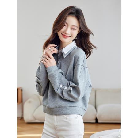 FA49009# 假两件灰色卫衣女秋季新款拼接领学院风宽松长袖上衣 服裝批發女裝批發服飾貨源