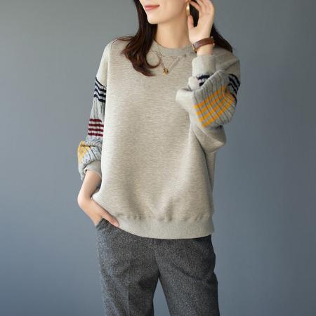 FA49010# 圆领卫衣女秋冬新款针织拼接宽松慵懒风套头气质休闲上衣 服裝批發女裝批發服飾貨源