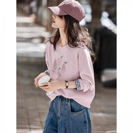 FA49013# 水果印花秋季时尚甜美显瘦百搭休闲格纹拼接套头长袖卫衣 服裝批發女裝批發服飾貨源