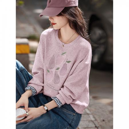 FA49013# 水果印花秋季时尚甜美显瘦百搭休闲格纹拼接套头长袖卫衣 服裝批發女裝批發服飾貨源