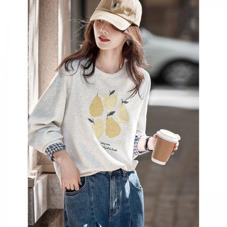 FA49013# 水果印花秋季时尚甜美显瘦百搭休闲格纹拼接套头长袖卫衣 服裝批發女裝批發服飾貨源