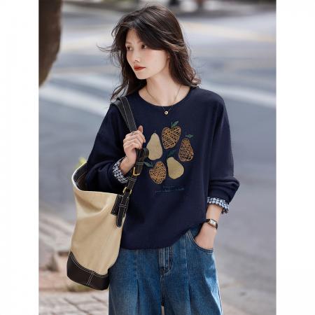 FA49013# 水果印花秋季时尚甜美显瘦百搭休闲格纹拼接套头长袖卫衣 服裝批發女裝批發服飾貨源