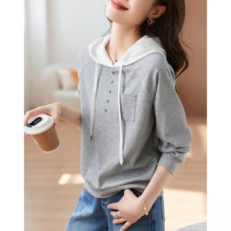 FA49014# 气质百搭连帽卫衣秋款纽扣装饰宽松显瘦长袖舒适上衣 服裝批發女裝批發服飾貨源