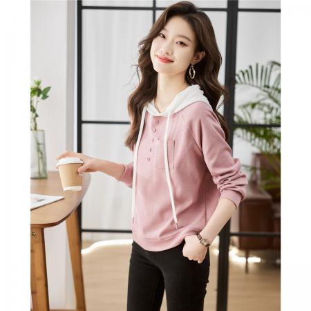 FA49014# 气质百搭连帽卫衣秋款纽扣装饰宽松显瘦长袖舒适上衣 服裝批發女裝批發服飾貨源