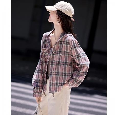 FA49016# 韩系时尚格子衬衫秋冬新休闲百搭宽松连帽磨毛上衣女 服裝批發女裝批發服飾貨源