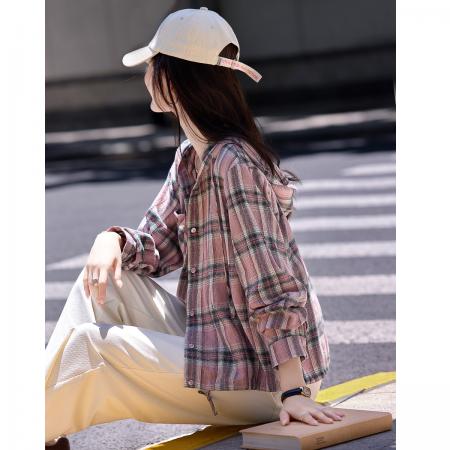 FA49016# 韩系时尚格子衬衫秋冬新休闲百搭宽松连帽磨毛上衣女 服裝批發女裝批發服飾貨源