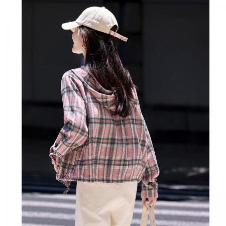 FA49016# 韩系时尚格子衬衫秋冬新休闲百搭宽松连帽磨毛上衣女 服裝批發女裝批發服飾貨源