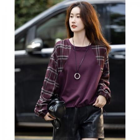 FA49017# 舒弹空气层秋季韩风复古格子拼接橡筋下摆卫衣女上衣 服裝批發女裝批發服飾貨源