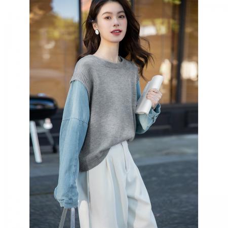 FA49018# 牛仔袖拼接假两件毛衣秋季高级感时尚减龄百搭宽松针织衫上衣 服裝批發女裝批發服飾貨源