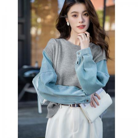 FA49018# 牛仔袖拼接假两件毛衣秋季高级感时尚减龄百搭宽松针织衫上衣 服裝批發女裝批發服飾貨源