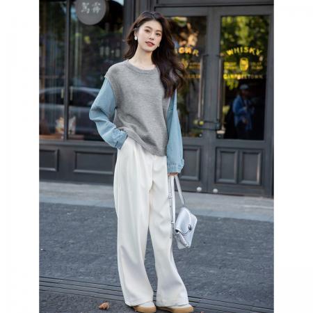 FA49018# 牛仔袖拼接假两件毛衣秋季高级感时尚减龄百搭宽松针织衫上衣 服裝批發女裝批發服飾貨源