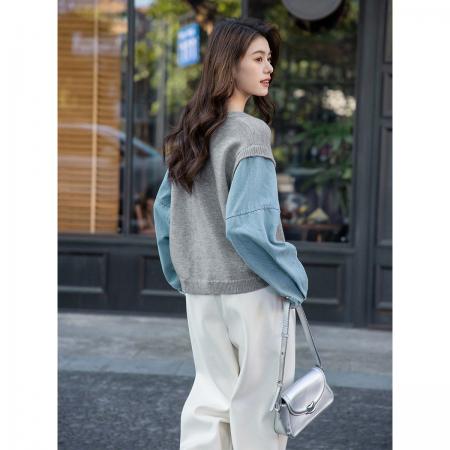 FA49018# 牛仔袖拼接假两件毛衣秋季高级感时尚减龄百搭宽松针织衫上衣 服裝批發女裝批發服飾貨源