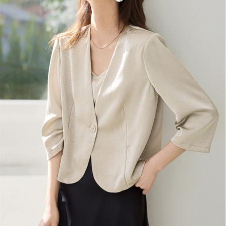 FA49019# 气质简约通勤微皱缎面七分袖v领外套女秋新款上衣 服裝批發女裝批發服飾貨源