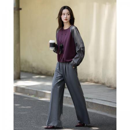 FA49021# 空气层秋季圆领宽松微弹褶裥抽绳藏肉卫衣女上衣 服裝批發女裝批發服飾貨源