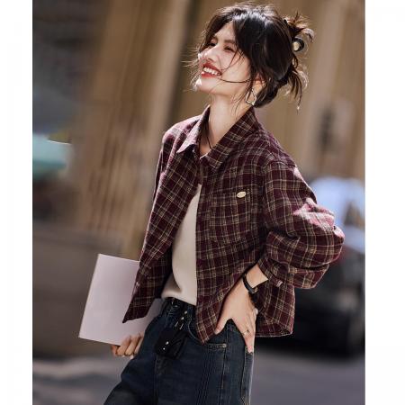 FA49022# 美式复古经典格纹外套25秋新时尚宽松百搭透气长袖上衣 服裝批發女裝批發服飾貨源