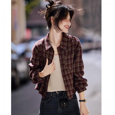 FA49022# 美式复古经典格纹外套25秋新时尚宽松百搭透气长袖上衣 服裝批發女裝批發服飾貨源