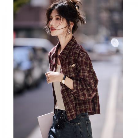 FA49022# 美式复古经典格纹外套25秋新时尚宽松百搭透气长袖上衣 服裝批發女裝批發服飾貨源