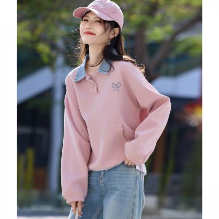 FA49023# 牛仔拼接假两件上衣秋季新款学院风少女减龄刺绣宽松卫衣女 服裝批發女裝批發服飾貨源