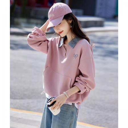 FA49023# 牛仔拼接假两件上衣秋季新款学院风少女减龄刺绣宽松卫衣女 服裝批發女裝批發服飾貨源