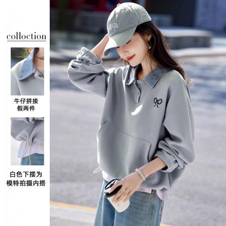 FA49023# 牛仔拼接假两件上衣秋季新款学院风少女减龄刺绣宽松卫衣女 服裝批發女裝批發服飾貨源