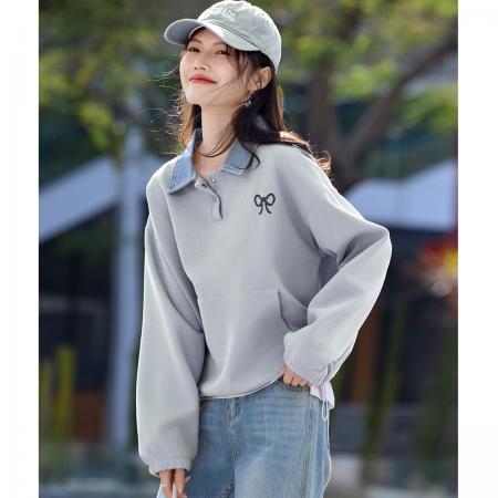 FA49023# 牛仔拼接假两件上衣秋季新款学院风少女减龄刺绣宽松卫衣女 服裝批發女裝批發服飾貨源