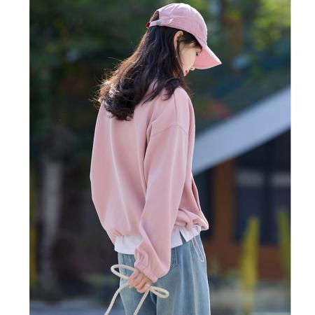 FA49023# 牛仔拼接假两件上衣秋季新款学院风少女减龄刺绣宽松卫衣女 服裝批發女裝批發服飾貨源