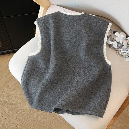 FA49025# 花边领叠穿马夹秋冬新女士时尚宽松叠穿简约马甲 服裝批發女裝批發服飾貨源