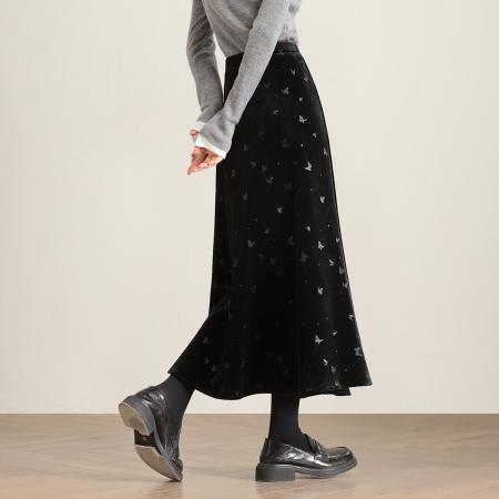 FA49026# 高级感穿搭丝绒蝴蝶中长半身裙加绒a字梨型身材遮胯小个子秋冬裙 服裝批發女裝批發服飾貨源